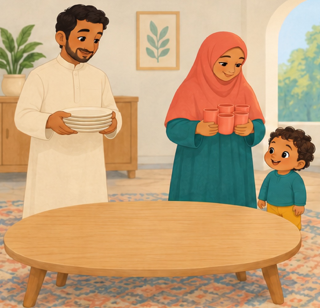 Dad sets down plates while his wife, the child’s mum, carries cups