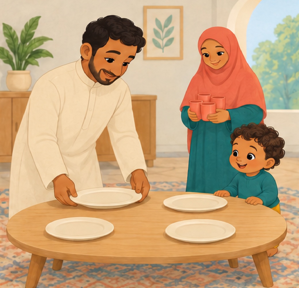 The child’s mum, Dad’s wife, sets down the cups