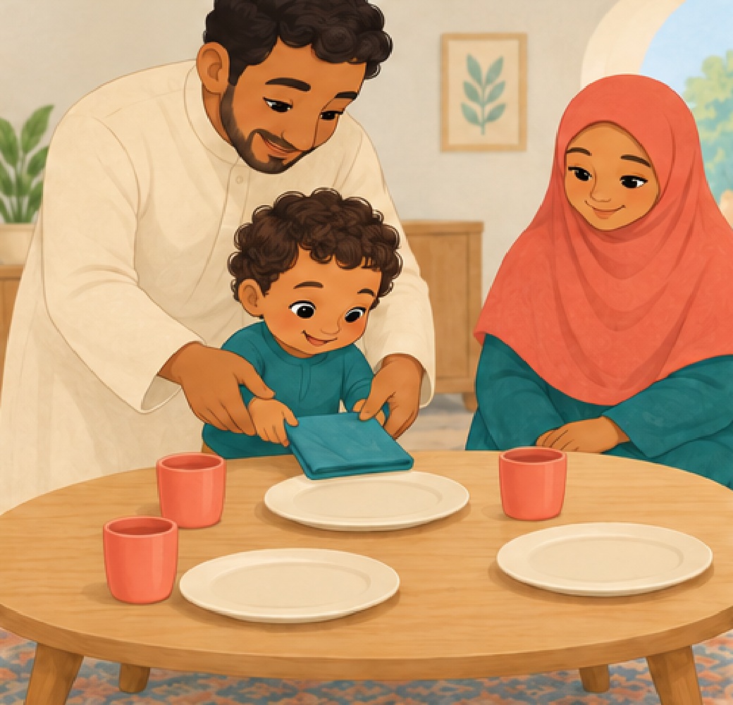 Dad, his wife—the child’s mum—and their child gather at the ready table