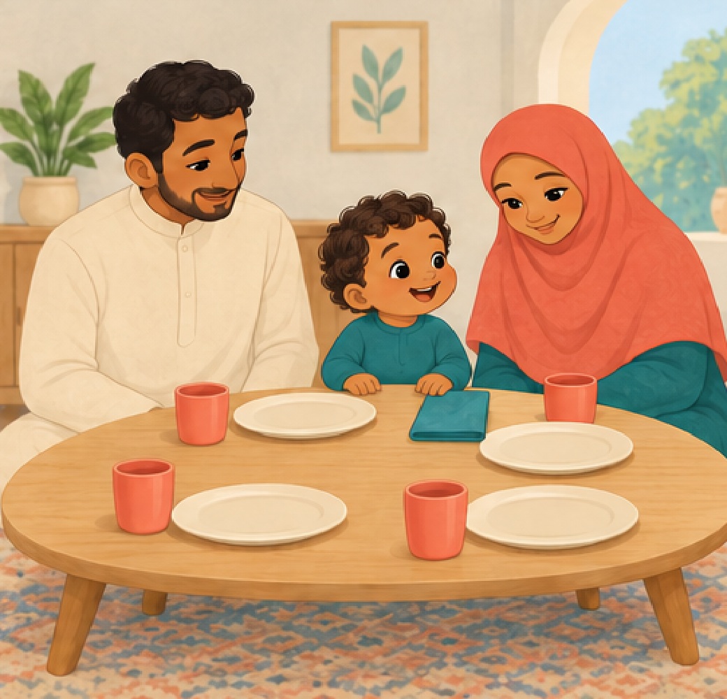 The family gathers at the ready table