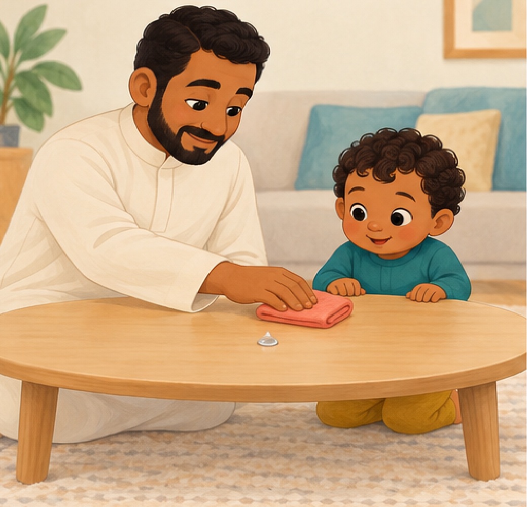 Dad moves the napkin closer