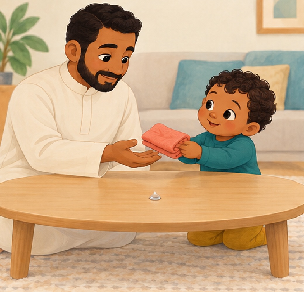 The child hands Dad the napkin