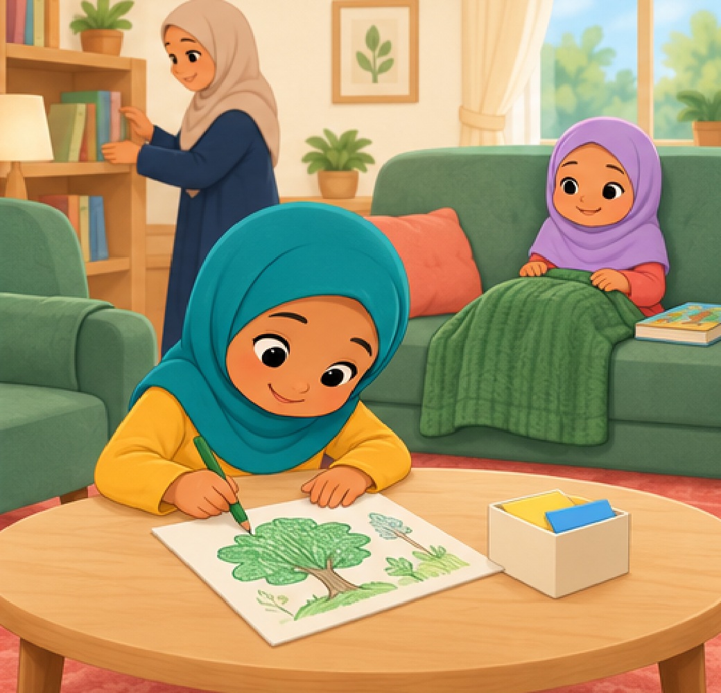 هناء تحت الغطاء وبجوارها كتاب وسلمى ترسم شجرة