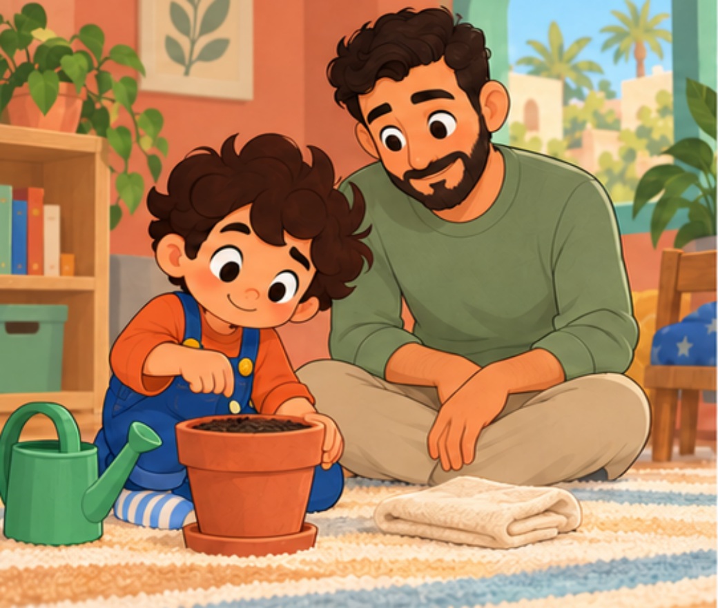 Sami plants a seed beside Dad
