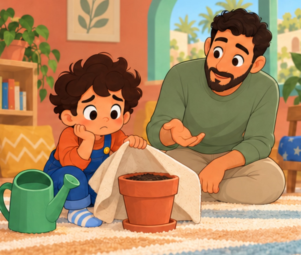 Sami holds up a cloth for the pot