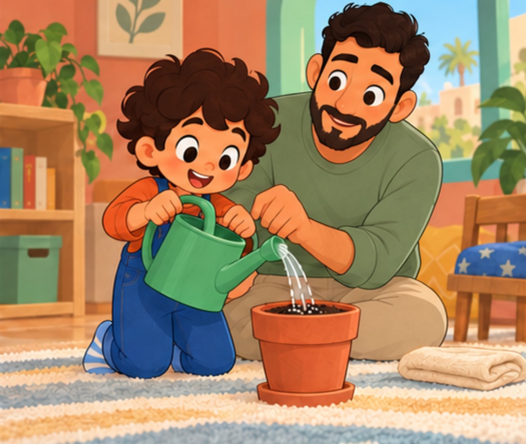 Dad helps Sami water the soil