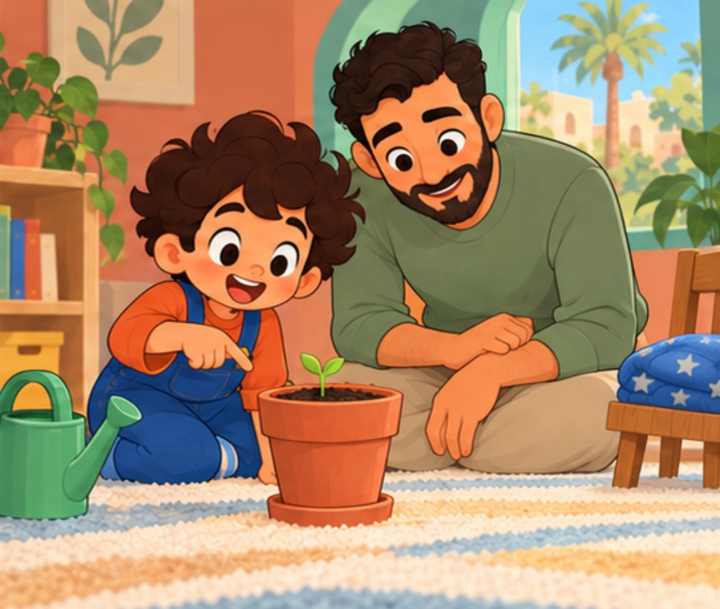 A small green shoot appears as Dad and Sami watch