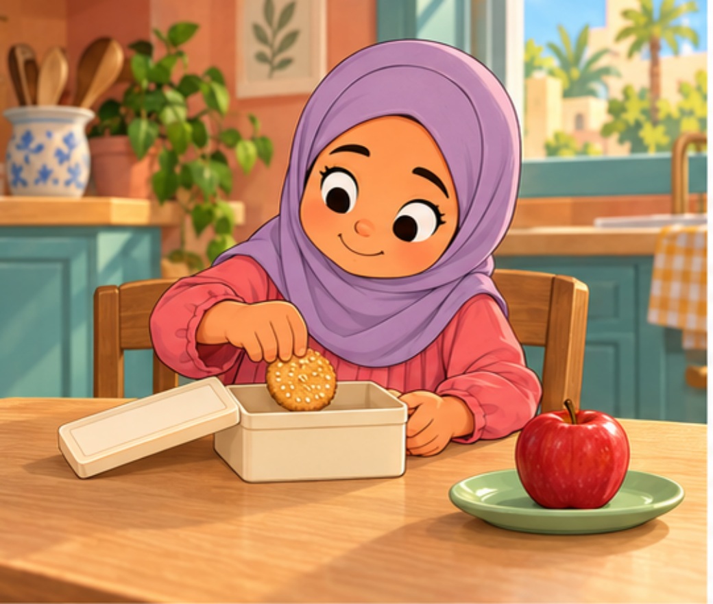 ليان أخت ياسر تضع البسكويت في علبتها وبجانبها تفاحة أخيها
