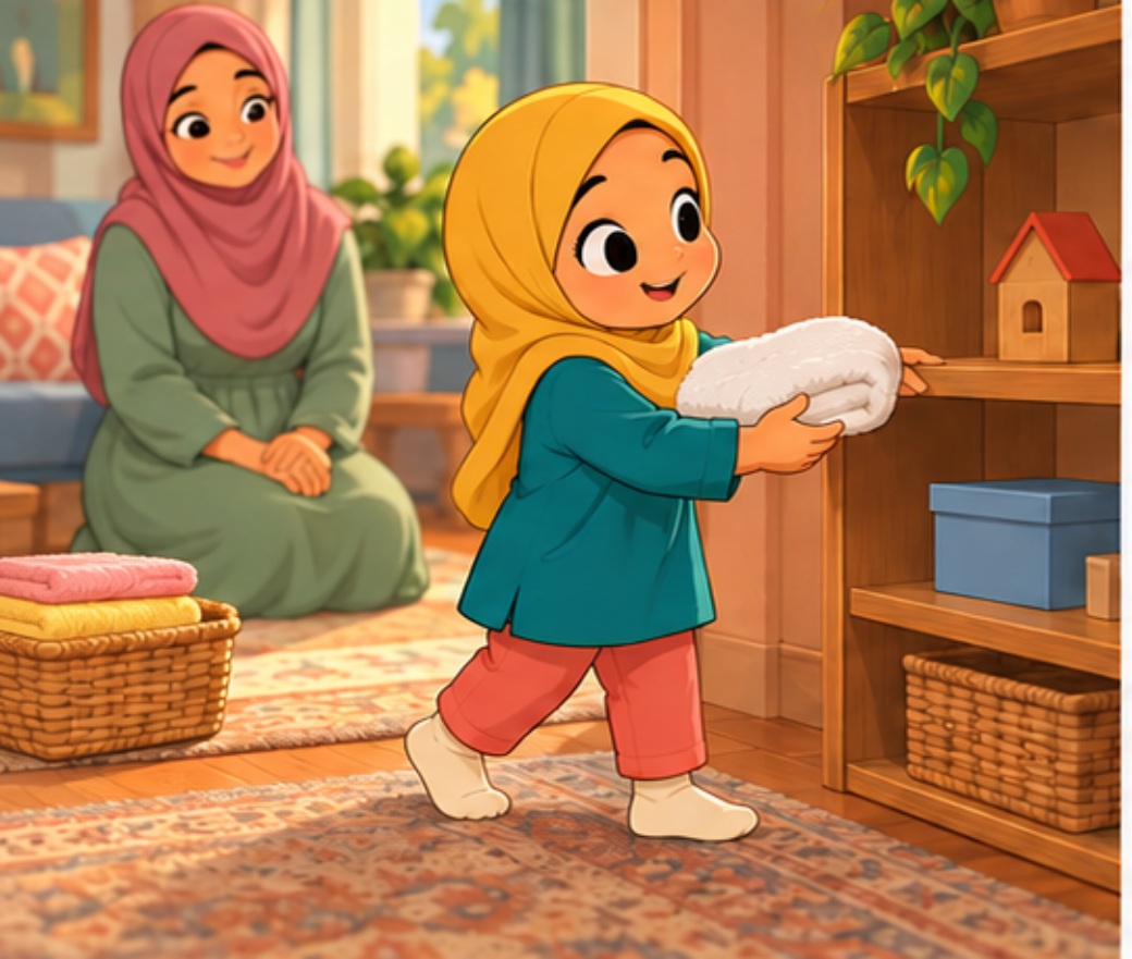 مريم تحمل منشفة إلى الرف المنخفض