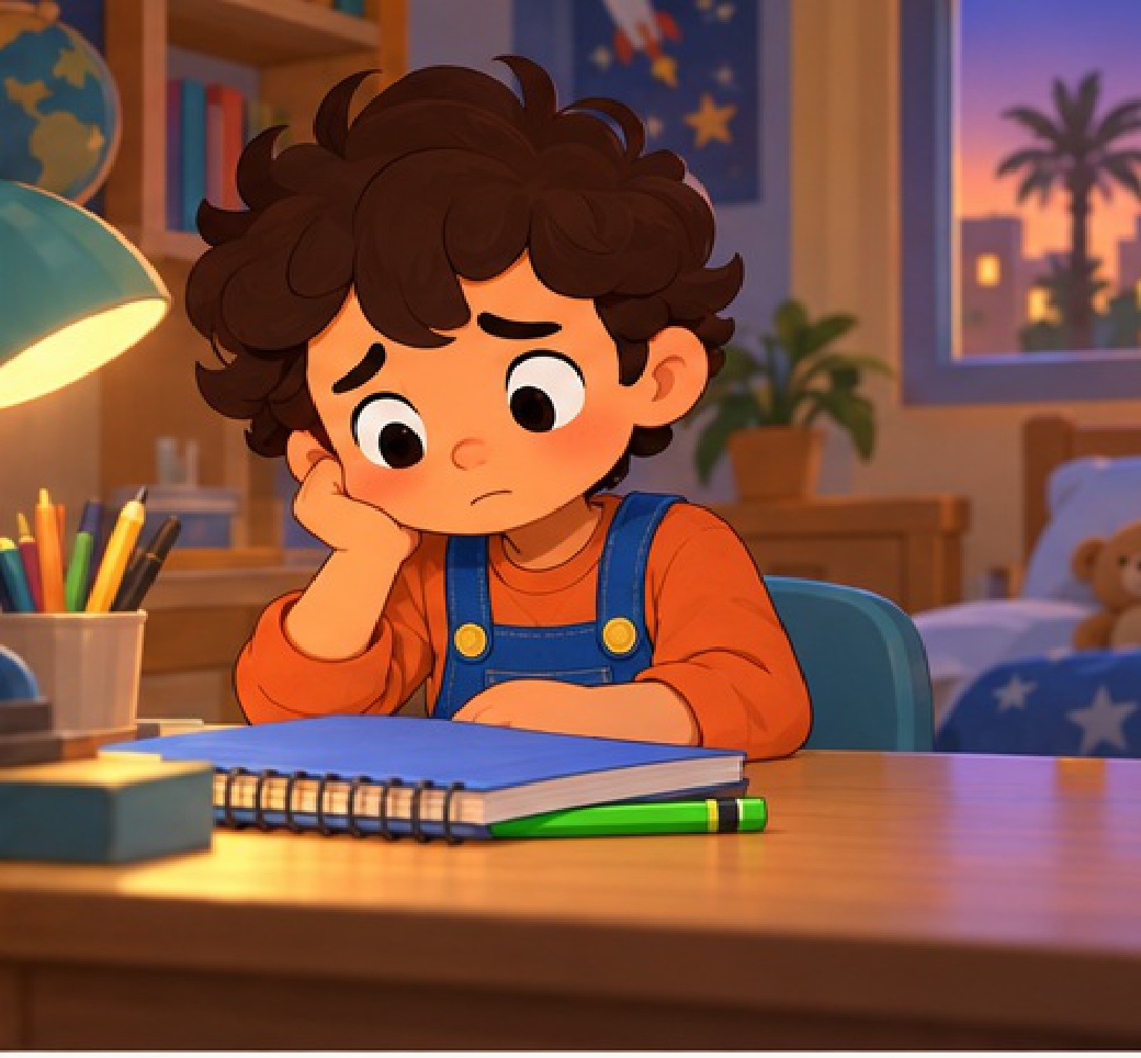 At home Omar looks at the pencil beneath his notebook