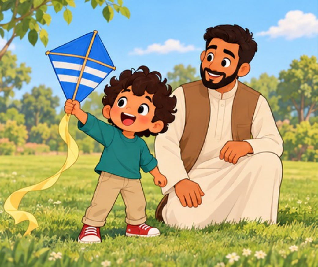 Faris and Dad hold a blue kite in a safe field