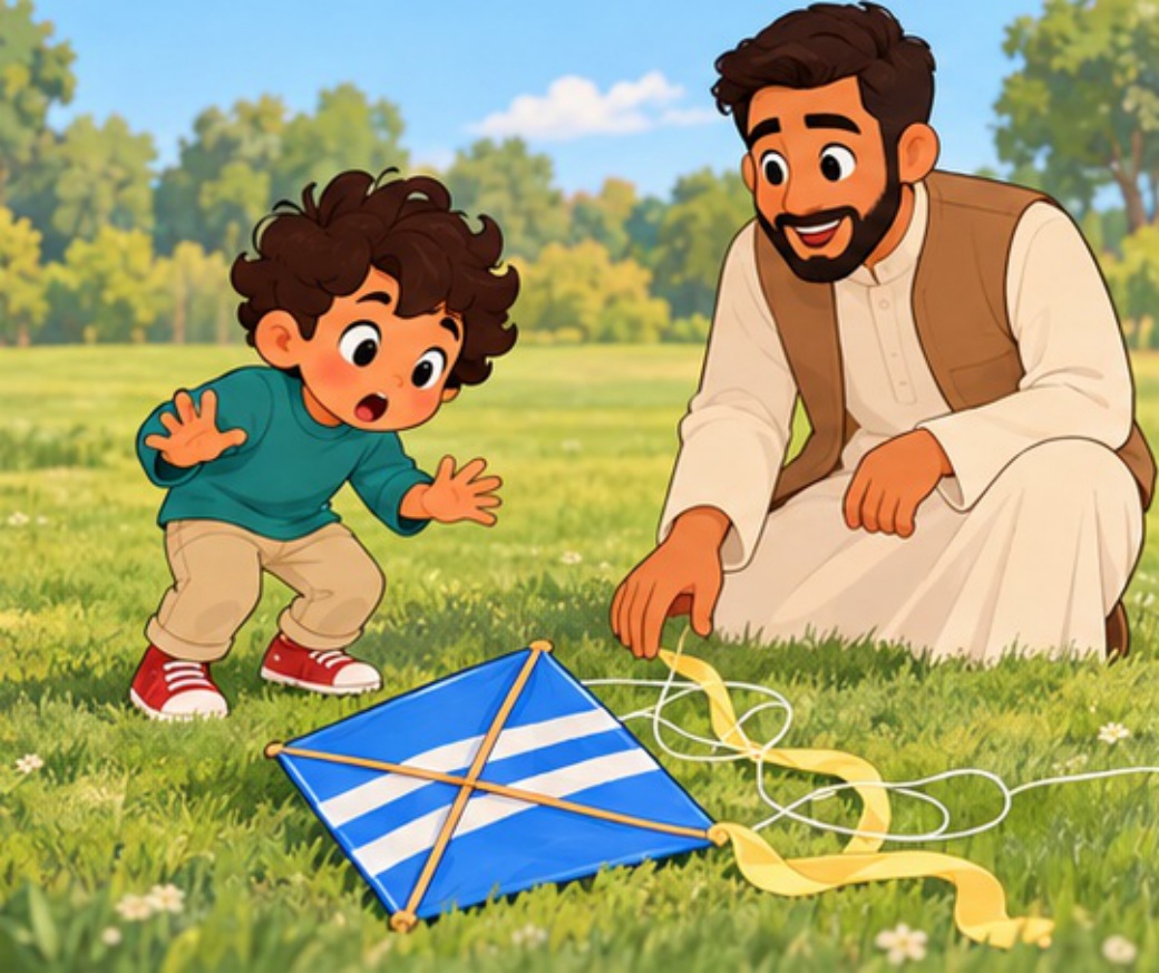 The kite rests on the grass with a tangled line