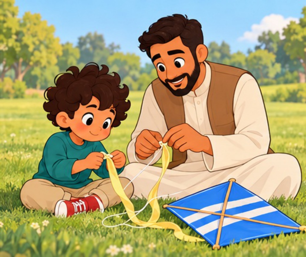 Dad and Faris check the kite and its line