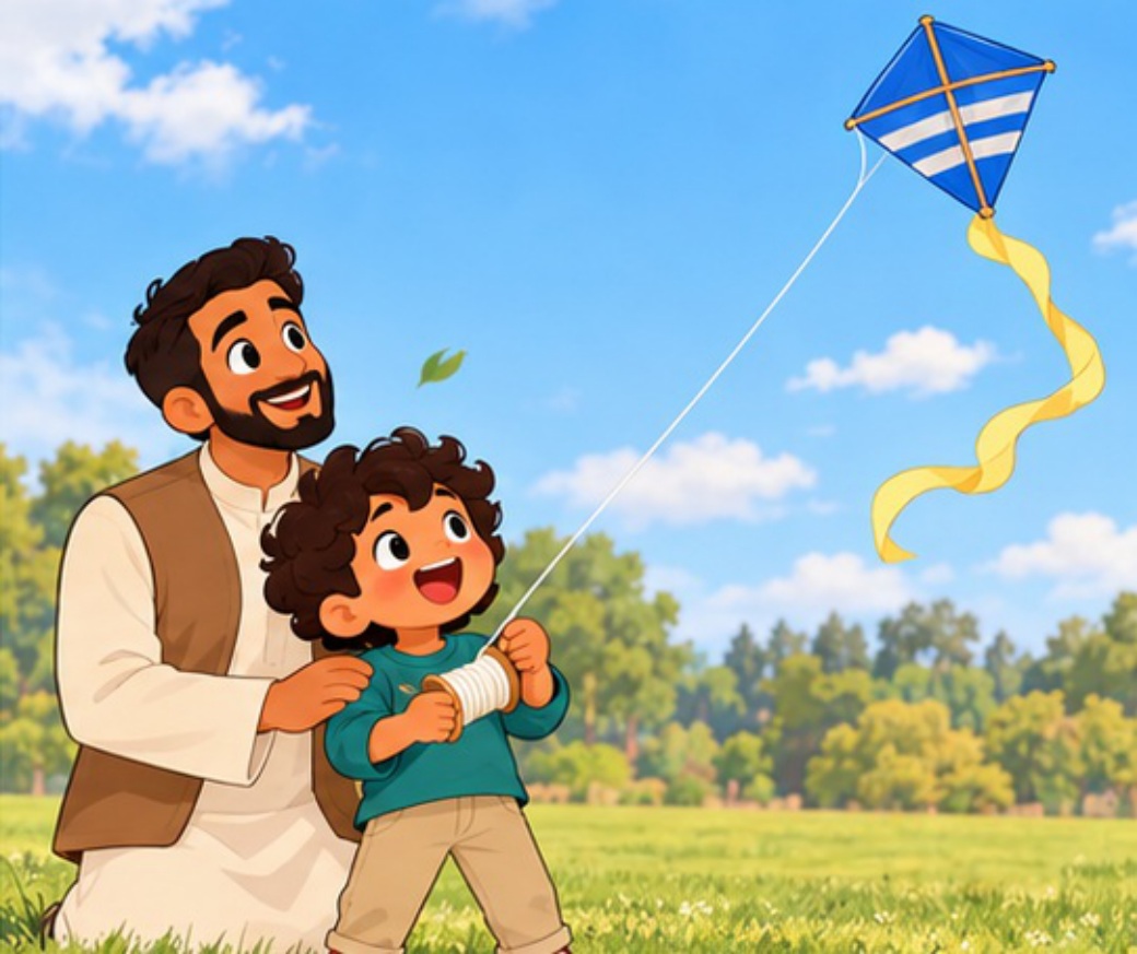 The kite rises while Dad and Faris watch