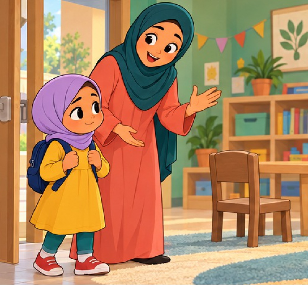 The teacher welcomes Salma at the new nursery