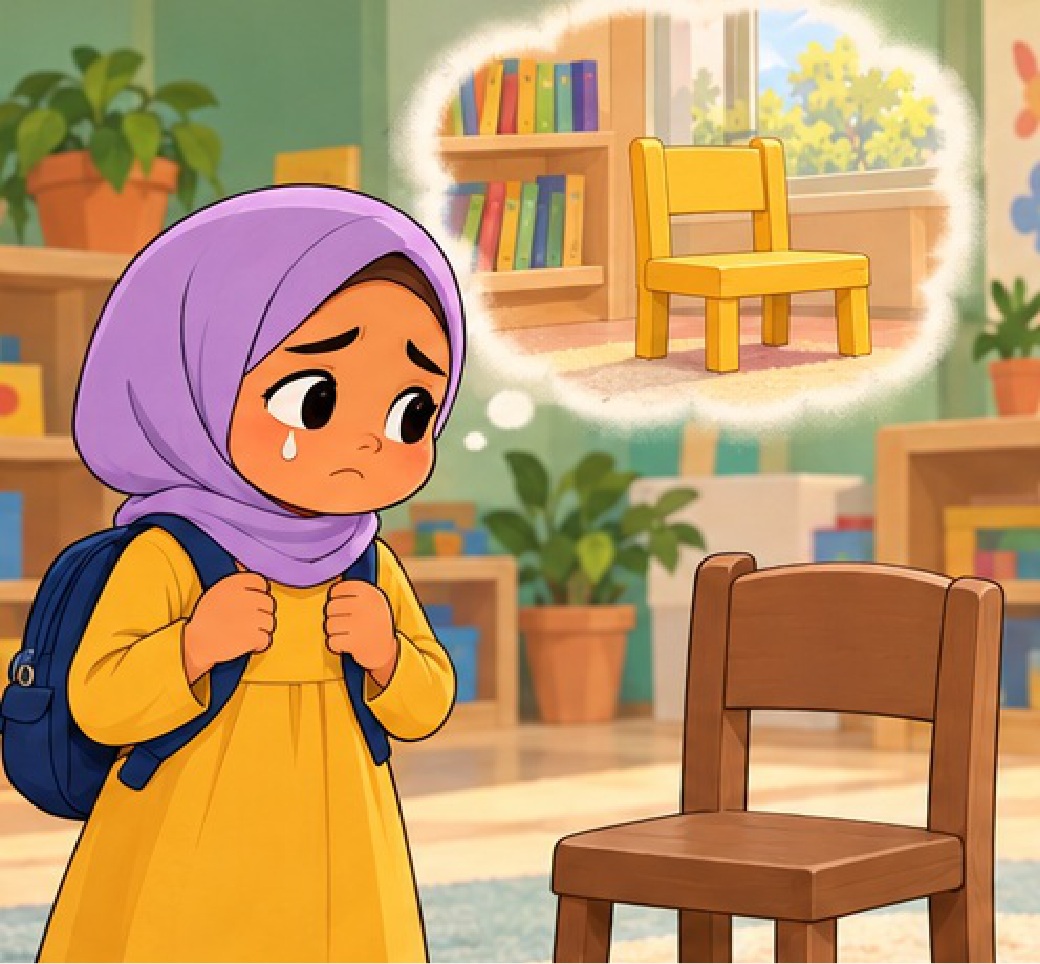 Salma remembers her yellow chair while looking at a brown chair