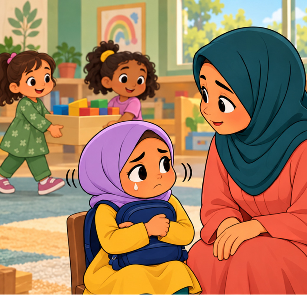 The teacher listens at Salma’s eye level while two nursery girls carry blocks behind them
