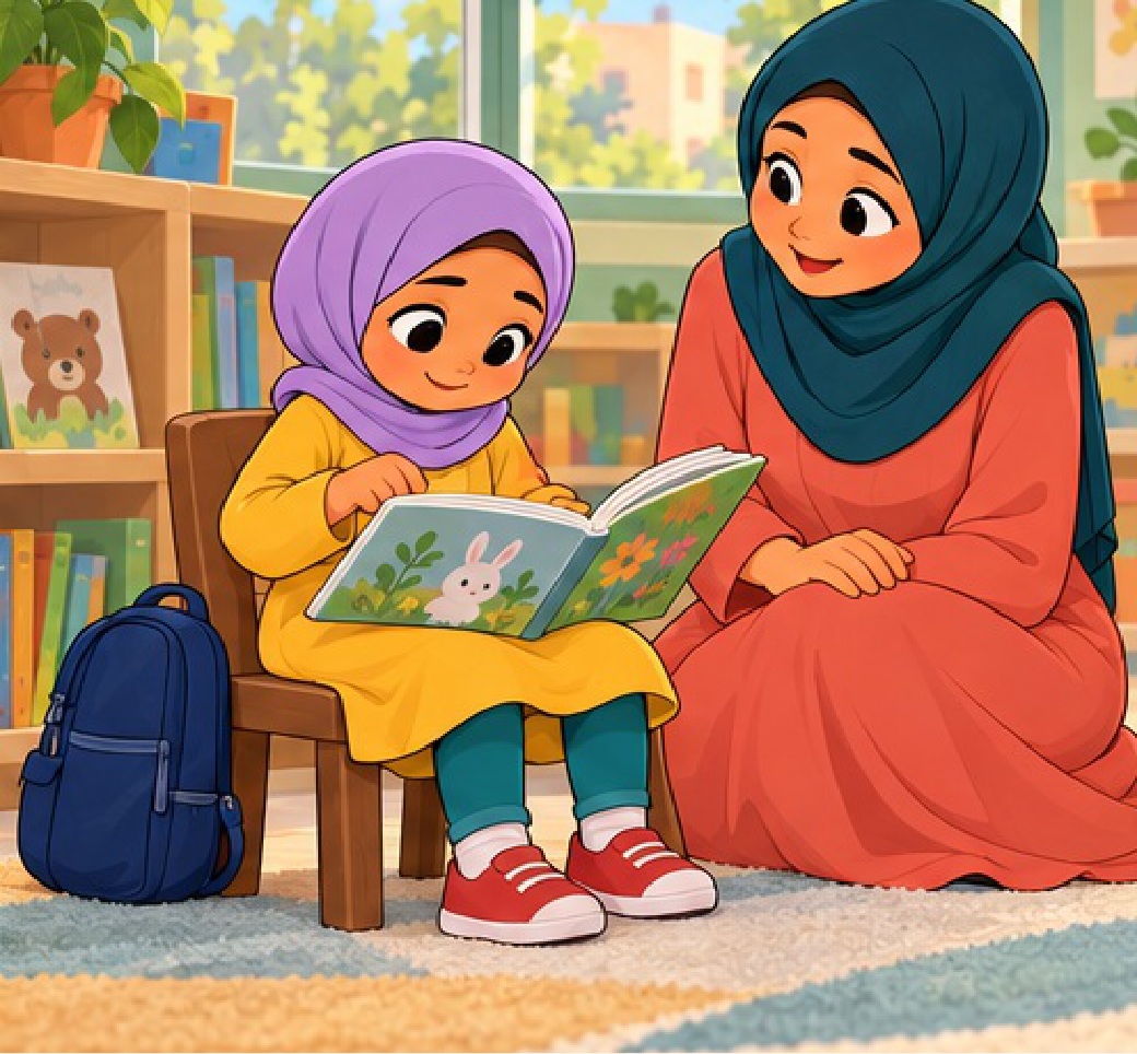 Salma reads on the new chair with the teacher close by
